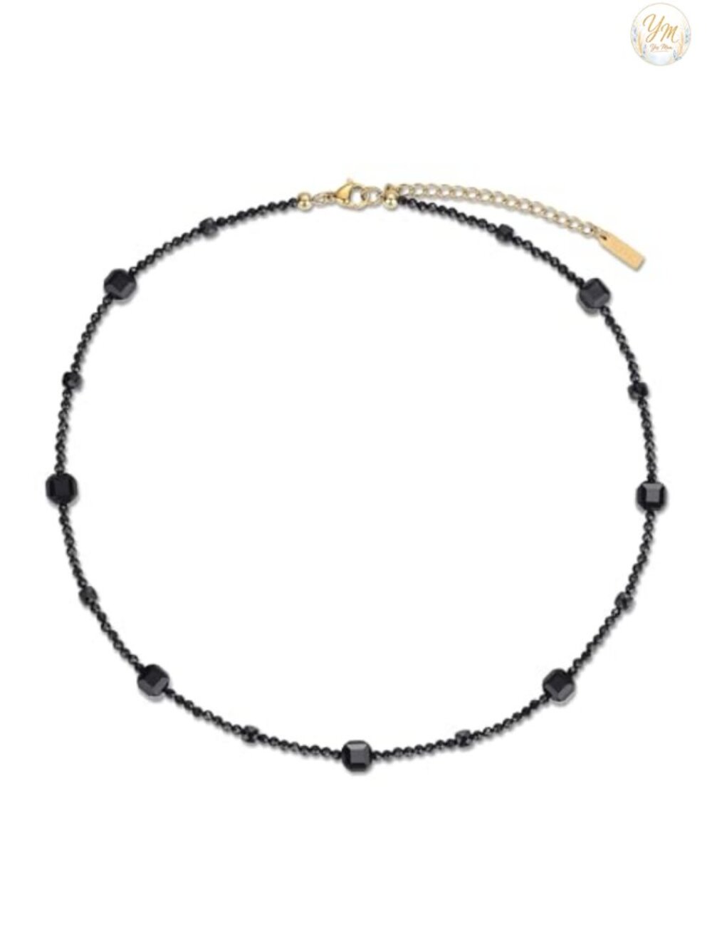 Onyx & Spinel Beaded Necklace, 18k Gold Plated Stainless Steel Lobster Clasp